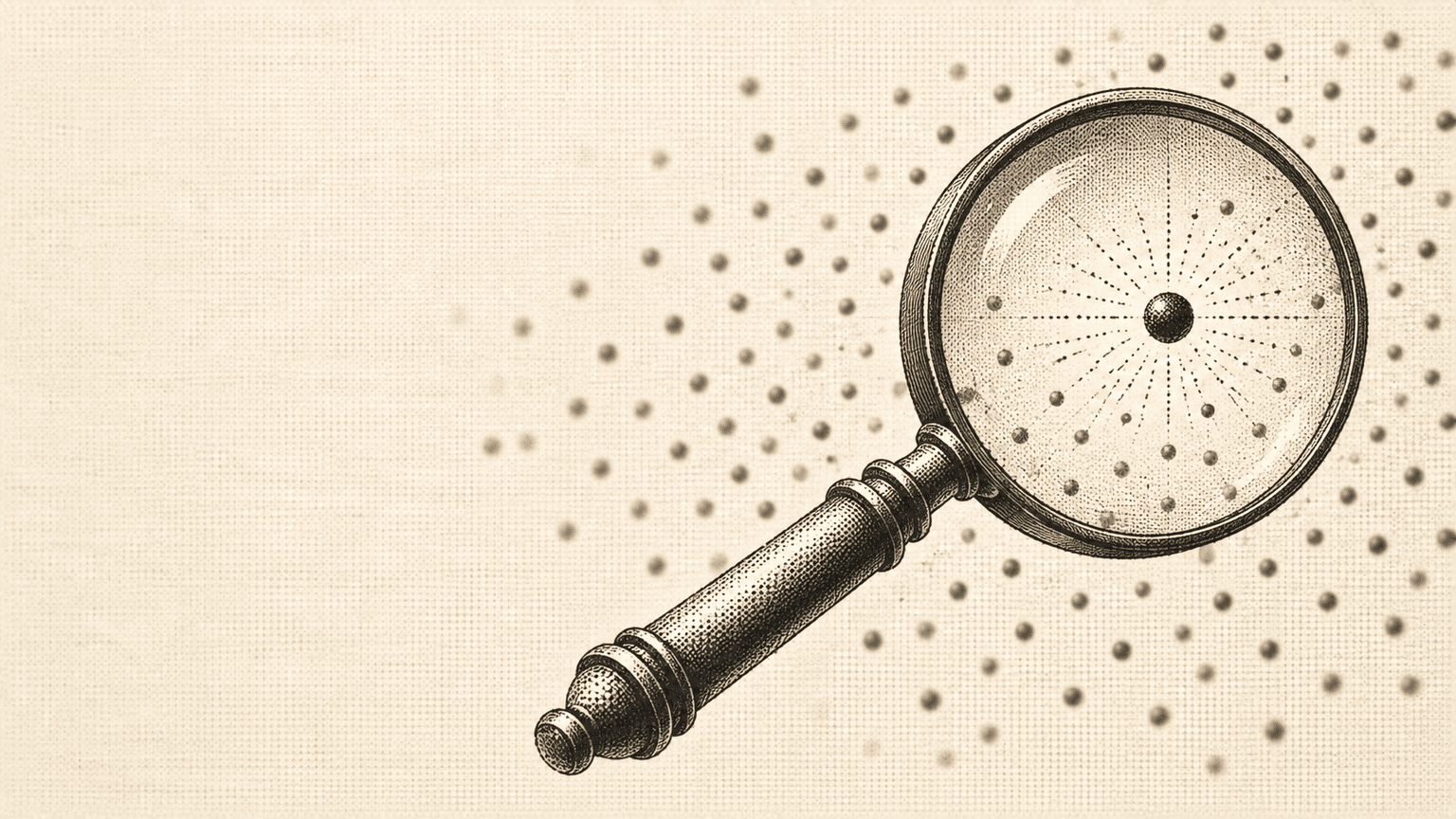 An engraved magnifying glass over a field of scattered dots.