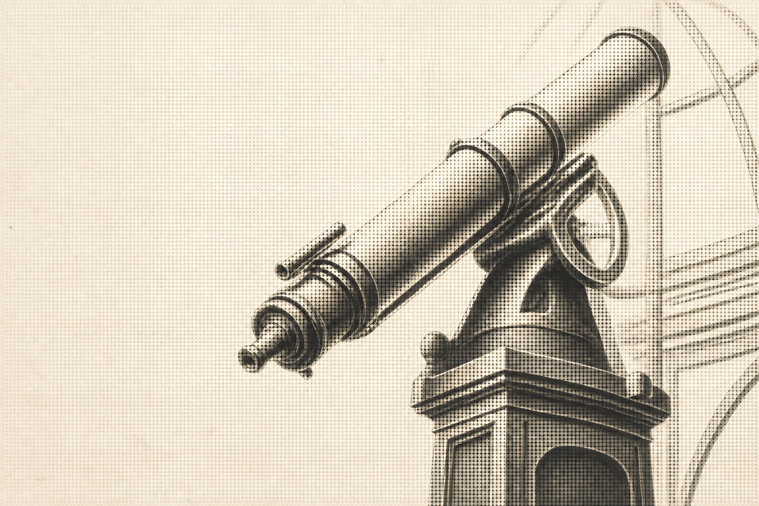 A pixelated observatory telescope in a dark architectural setting.