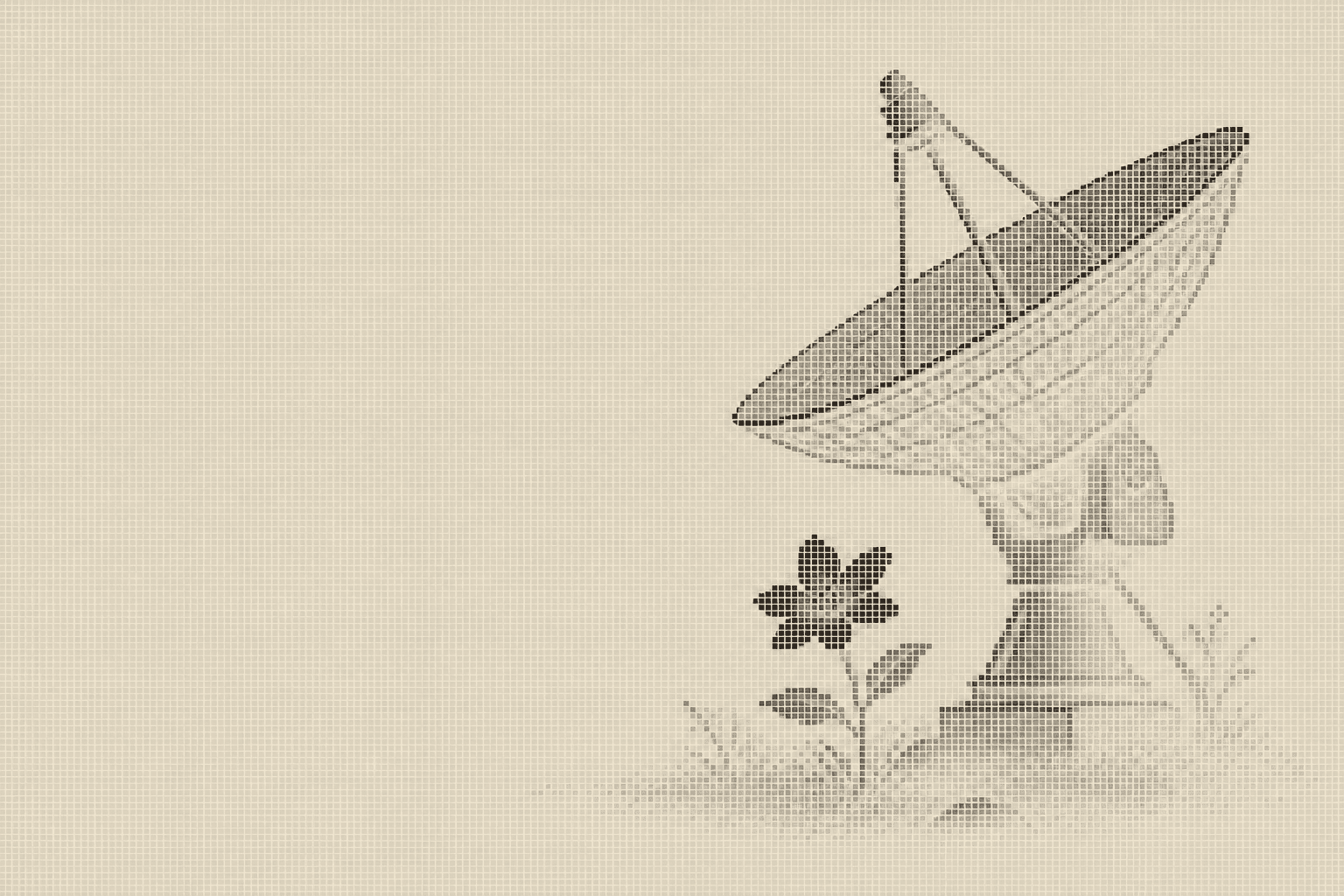 A radio dish rendered in halftone dots, with a small flower growing beside its base.