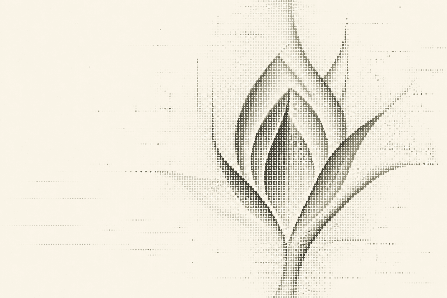 A pale geometric plant rendered in a dark field of halftone dots.